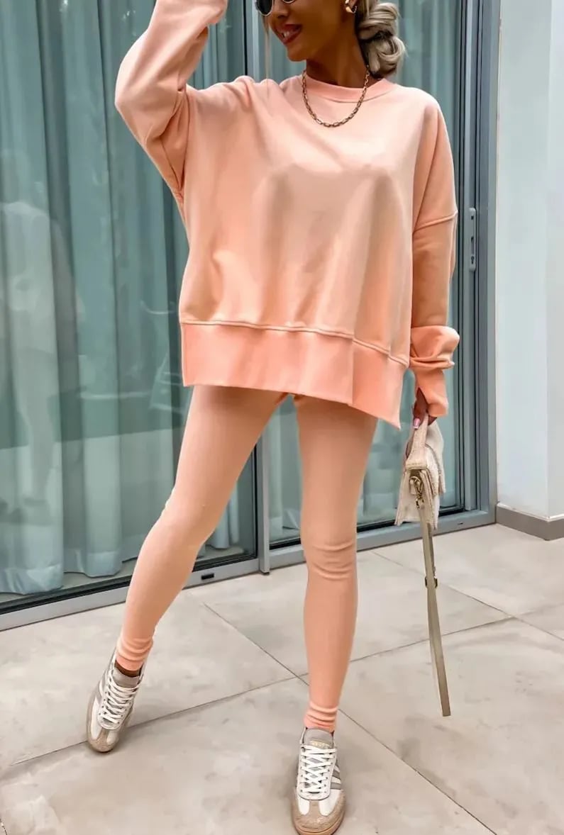 SoftEase – Comfy Slit Sweatshirt Two-Piece Set – Orange / S