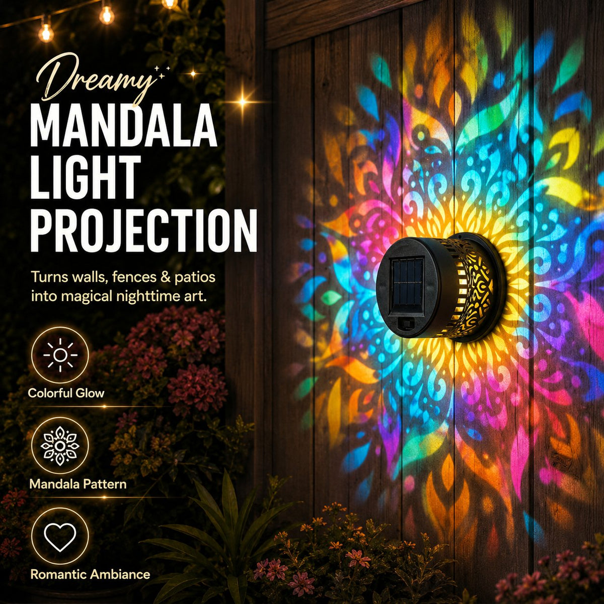 MandalaGlow - Solar Mandala Wall Light Outdoor Fence Projector Lamp – image 3