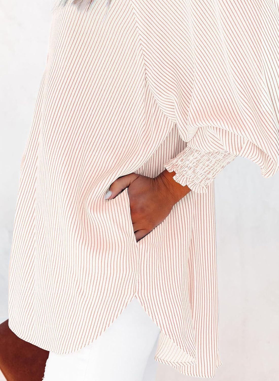 2026 ItemWomen's pleated cuffs striped shirt with pockets and casual collar – image 31