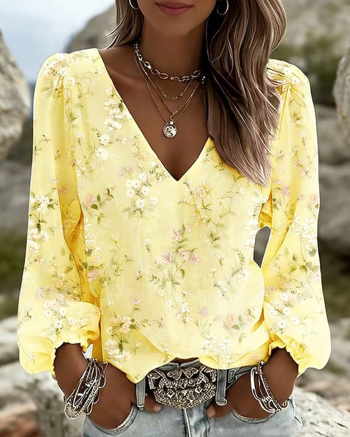 LunaPuff Chic – V-Neck Casual Blouse – Yellow / US4(S)