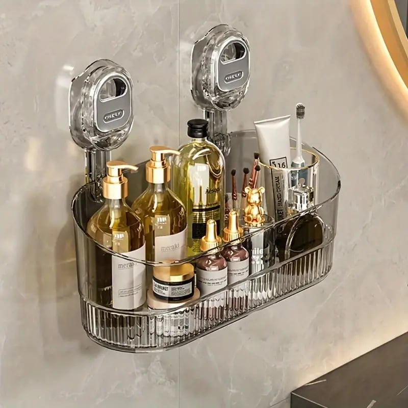 No-Drill Bathroom Suction Storage Box – Large Capacity & Strong Load-Bearing – Grey / Buy 1