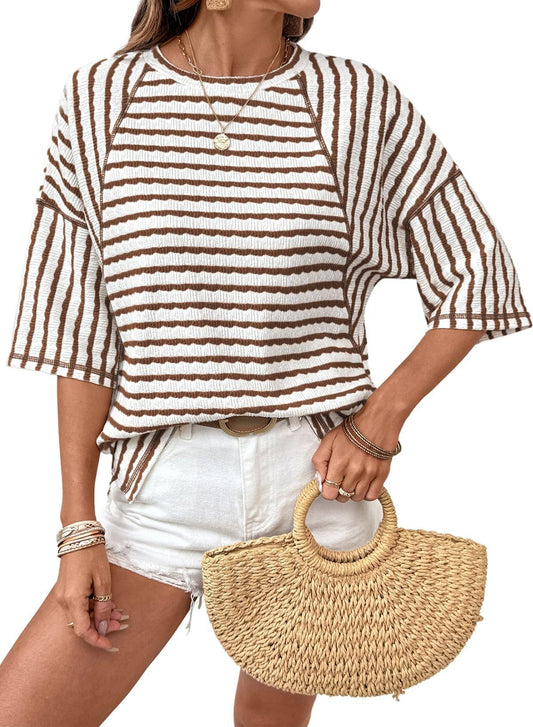 EasyStripe – Relaxed Fit Striped Crewneck Tee – Brown Stripe / S（4-6）