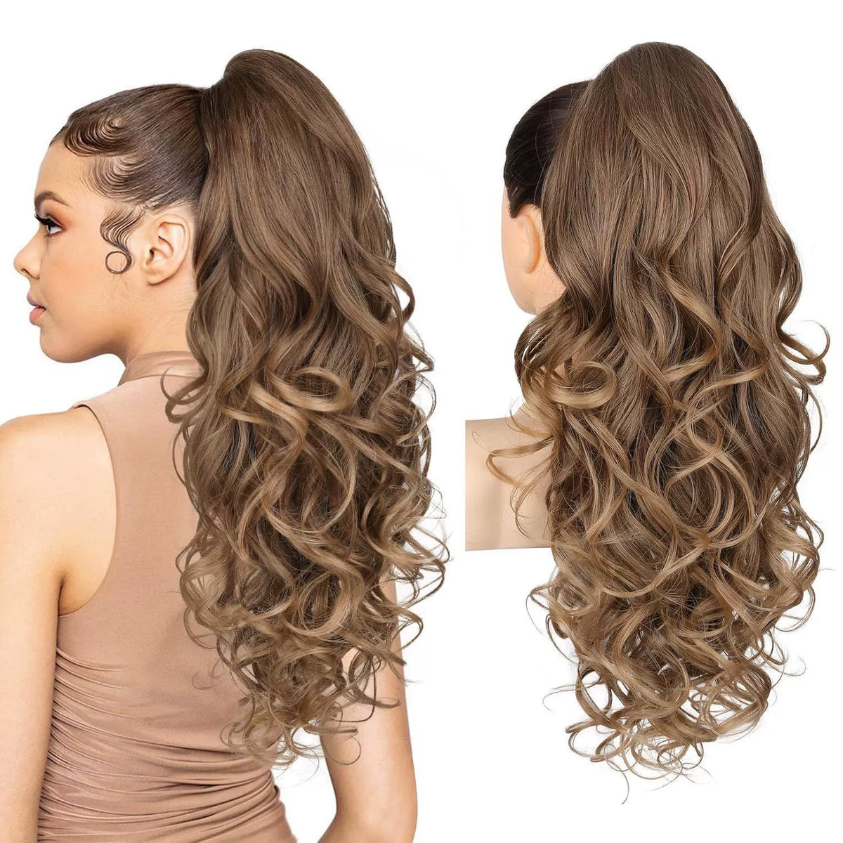 LunaLocks – Glamorous Wave Ponytail Extension – Dark Ash Blonde with Golden Ends / No comb