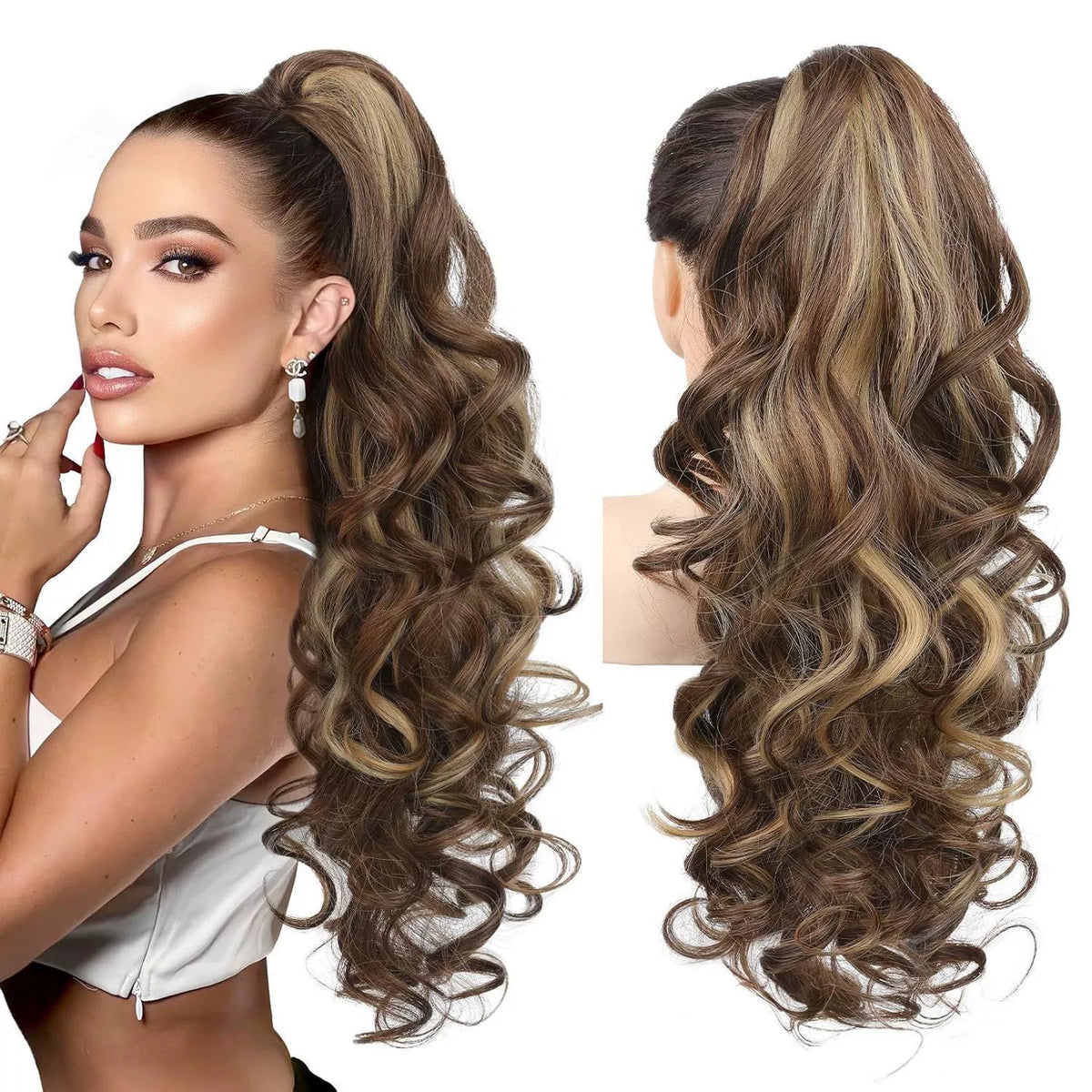 LunaLocks – Glamorous Wave Ponytail Extension – Chestnut Brown with Golden Highlights / No comb