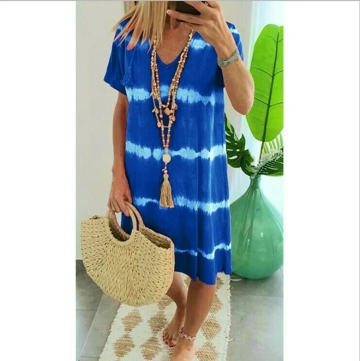 ChillAura | Tie-Dye Striped Loose Summer Dress – Blue / S