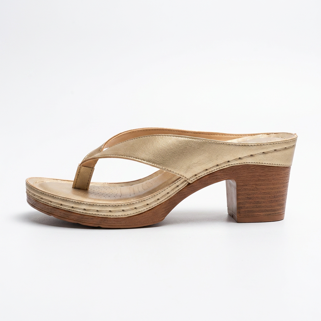 Brianna — Wood Heel Thong Sandal with Perforated Footbed – Gold / EU 35 / UK 2.5 / US 5.5