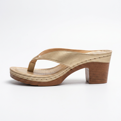 Brianna — Wood Heel Thong Sandal with Perforated Footbed – Gold / EU 35 / UK 2.5 / US 5.5