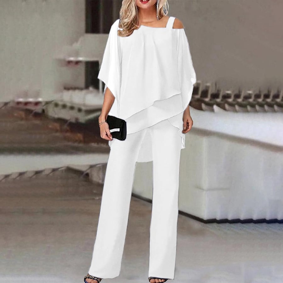 PureLuxe – Women’s Layered Chiffon Outfit Set – White / S