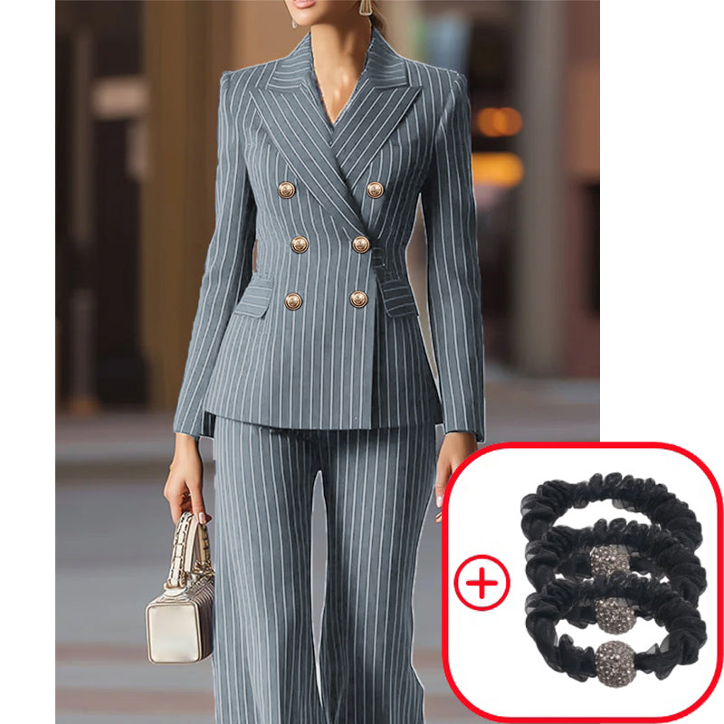 FemmeLine – Women’s Tailored Pinstripe Suit – Grey / S / Suit + Hair ties (3 Pcs)
