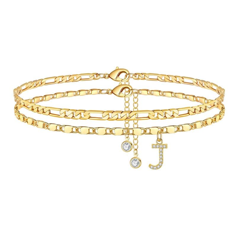 ShineScript – Layered Anklet Bracelets with Letters – Gold / J