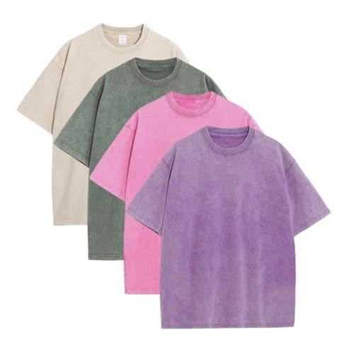 Oversoul – Relaxed Fit Acid Wash Tees – Beige+Green+Pink+Purple（4 Pieces，Each Piece Only $14.95） / S（88.0 lbs ~110.0 lbs ）