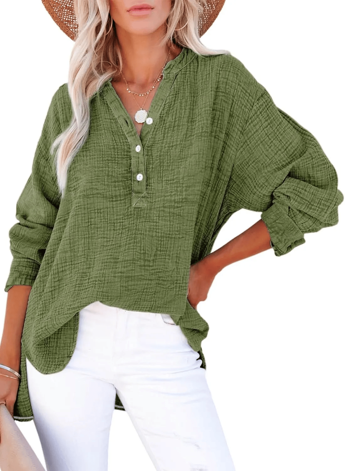 CloudFit – Women’s Casual Oversized Gauze Blouse – Green / S