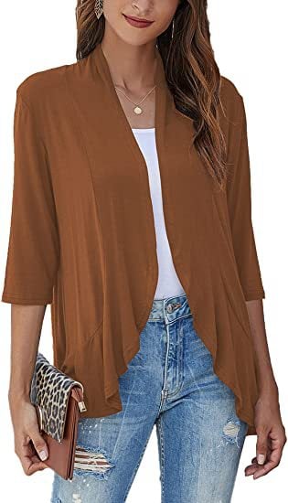 SoftDrape – Lightweight Open Front Cardigan – brown / S（US 4-6）