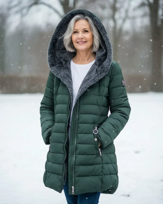 Olivia™ – Insulated Winter Jacket with Sherpa Hood – Dark Green / S
