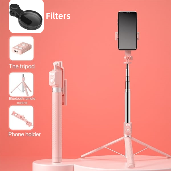 BrightCapture – Selfie Stick & Tripod Combo – Pink / No Fill Light+Filter
