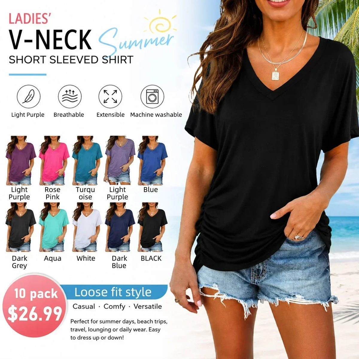 SoftLuxe – Women's Everyday V-Neck Comfort T-Shirt – ️10 packs for $26.99(includes 10 different colors as shown) / S