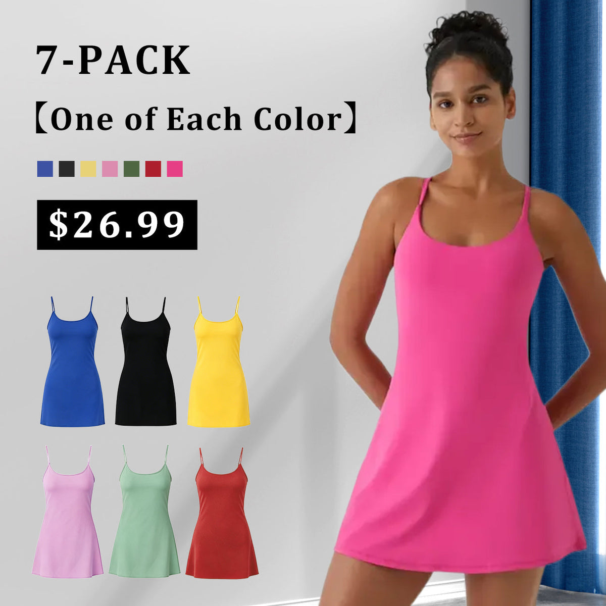 SoftMove – Plush Easy Peezy Active Wear Dress – 7-PACK【One of Each Color】 / XS(0 - 2)