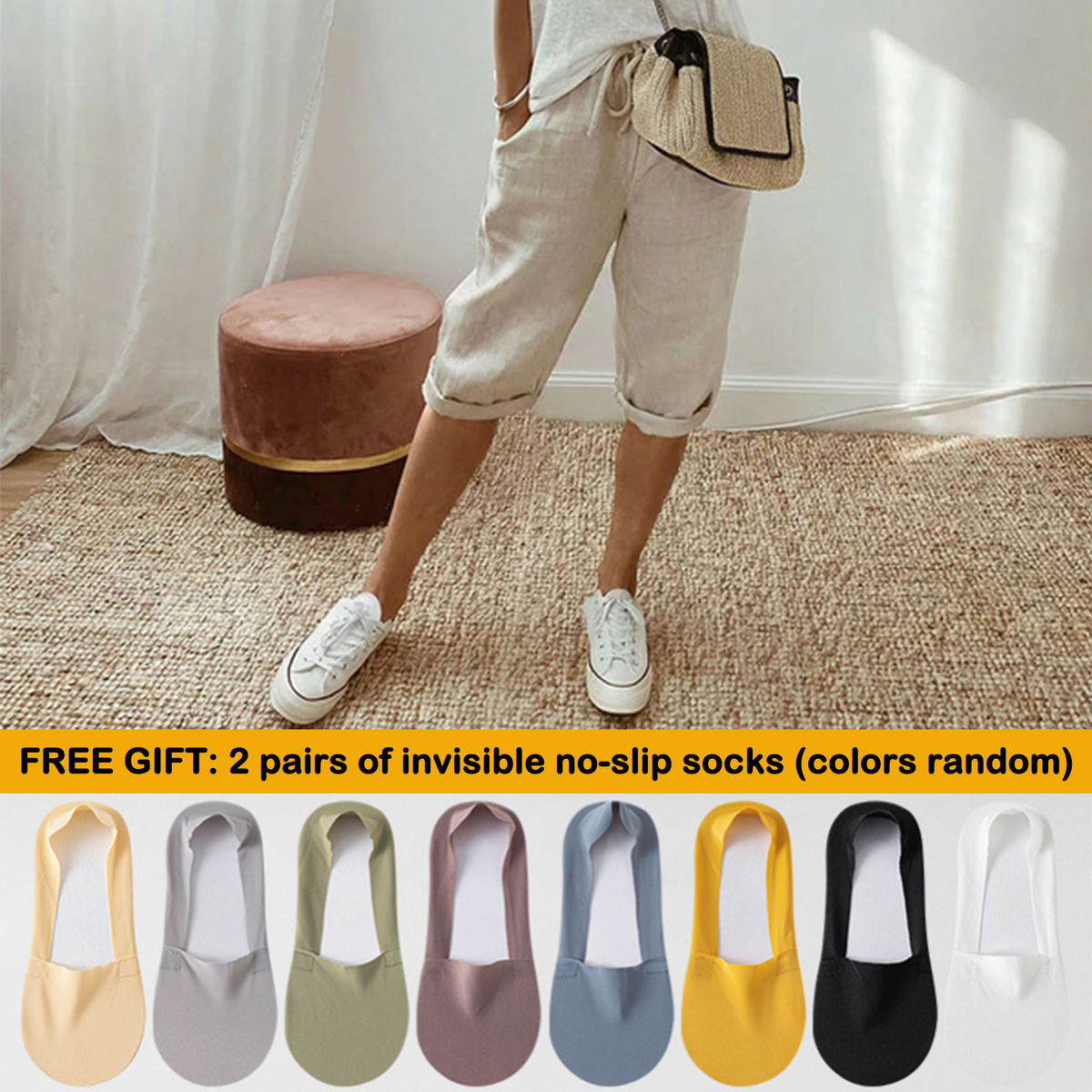 Florel – Breathable Drawstring Capris – Off-white / M / 2 Pairs of summer invisible no-slip socks (colors random)