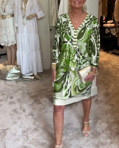 AureliaVee – Retro Print Casual Dress – Green / S
