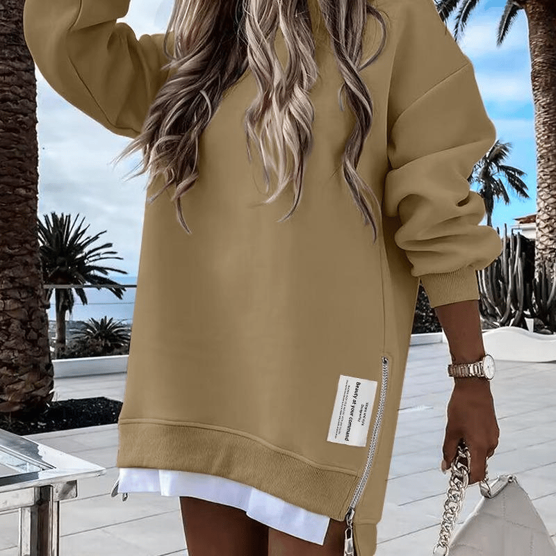 AuraWear – Comfortable Long Sleeve Pullover Casual Dress – Khaki / S