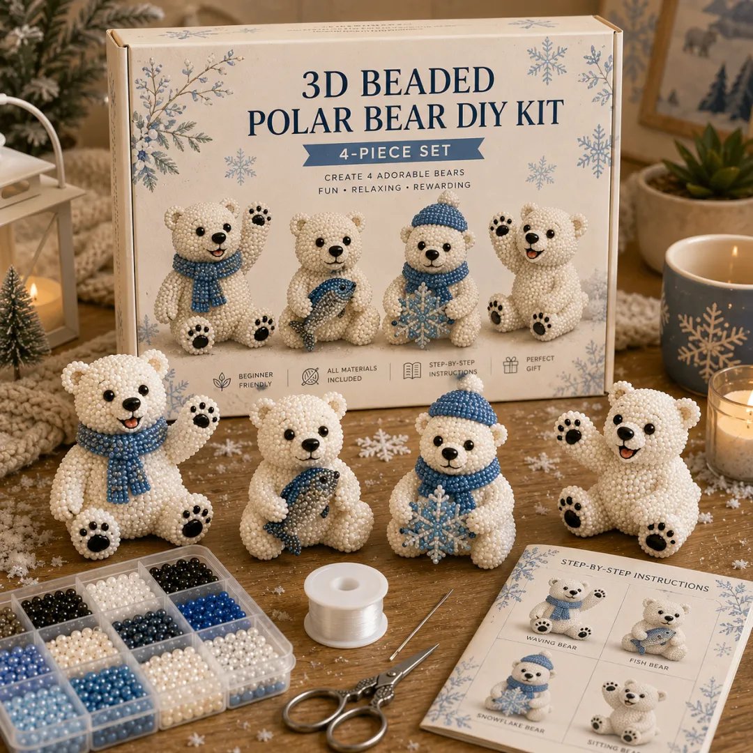 BearCraft - 3D Beaded Bear DIY Kit (4-Piece Handmade Set) – Polar Bear