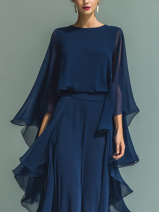 GraceLuxe – Elegant Chiffon Outfit Pants Set – Navy / XS