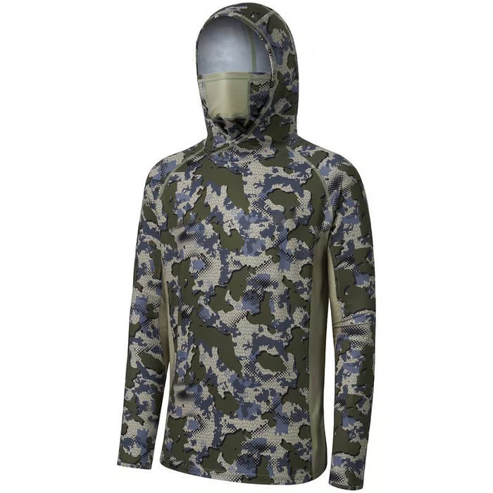 SunGuardPro - UPF 50+ Camo Hunting & Fishing Hoodie with Mask – Green Vegetation Camo with Ash Blue Mesh / S