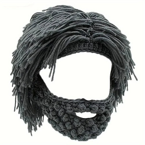 Acrylic Punk Style Beanie with Attached Straight Hair Wig and Knitted Beard – Gray
