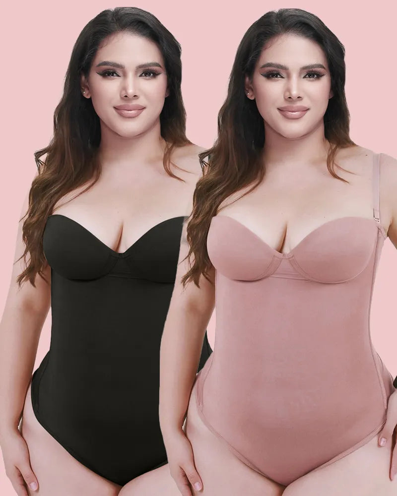 CurveLuxe – Back Lace-Up Seamless Thong Bodysuit – 1RosyBrown+1Black / XS