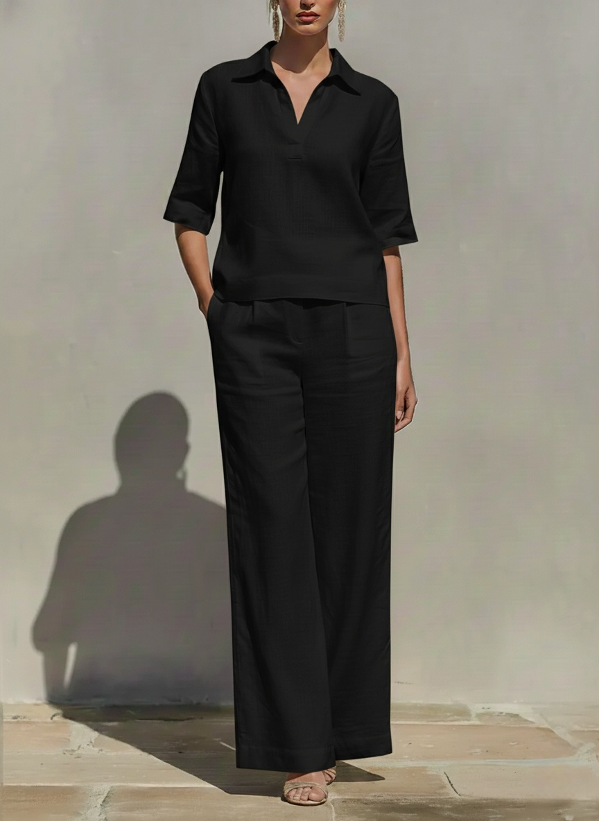 LinenLuxe – Women’s Solid Cotton Linen Two-Piece Set – Black / XS