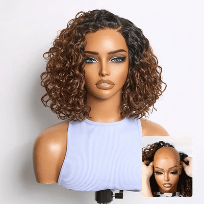CurlLuxe – Ready-to-Go Glueless Curly Bob Wig – Ombre Brown / 10