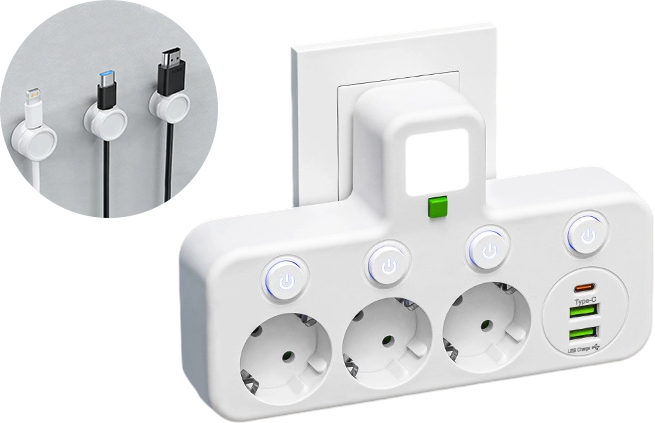 FusionPlug - Smart Energy Station – White / 3 power outlets + 2 USB ports + 1 Type-C port / Power outlet + desktop cable organizer