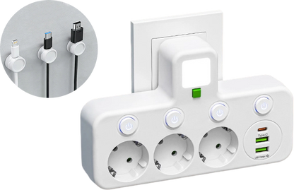FusionPlug - Smart Energy Station – White / 3 power outlets + 2 USB ports + 1 Type-C port / Power outlet + desktop cable organizer