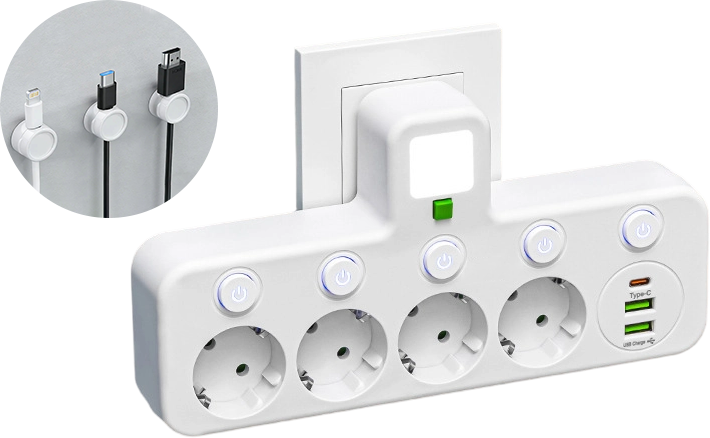 FusionPlug - Smart Energy Station – White / 4 power outlets + 2 USB ports + 1 Type-C port / Power outlet + desktop cable organizer