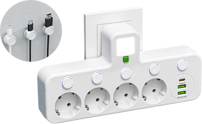 FusionPlug - Smart Energy Station – White / 4 power outlets + 2 USB ports + 1 Type-C port / Power outlet + desktop cable organizer