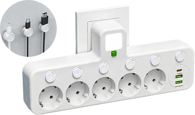 FusionPlug - Smart Energy Station – White / 5 power outlets + 2 USB ports + 1 Type-C port / Power outlet + desktop cable organizer