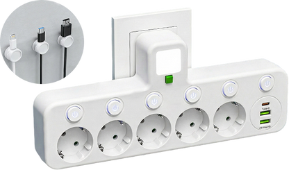 FusionPlug - Smart Energy Station – White / 5 power outlets + 2 USB ports + 1 Type-C port / Power outlet + desktop cable organizer