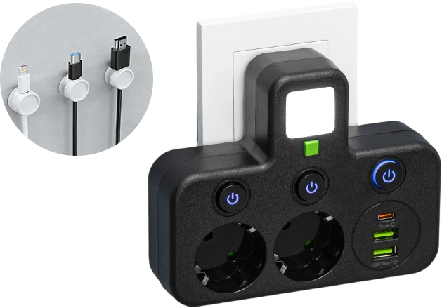 FusionPlug - Smart Energy Station – Black / 2 power outlets + 2 USB ports + 1 Type-C port / Power outlet + desktop cable organizer
