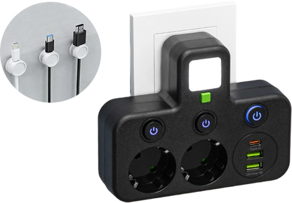 FusionPlug - Smart Energy Station – Black / 2 power outlets + 2 USB ports + 1 Type-C port / Power outlet + desktop cable organizer