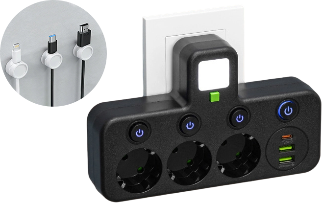 FusionPlug - Smart Energy Station – Black / 3 power outlets + 2 USB ports + 1 Type-C port / Power outlet + desktop cable organizer