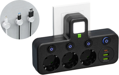 FusionPlug - Smart Energy Station – Black / 3 power outlets + 2 USB ports + 1 Type-C port / Power outlet + desktop cable organizer