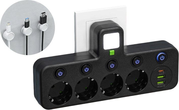 FusionPlug - Smart Energy Station – Black / 4 power outlets + 2 USB ports + 1 Type-C port / Power outlet + desktop cable organizer