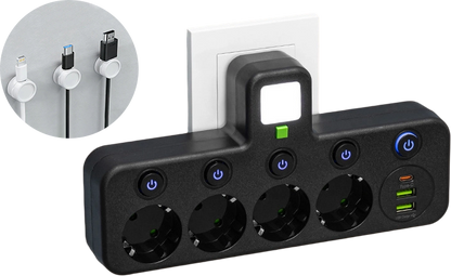 FusionPlug - Smart Energy Station – Black / 4 power outlets + 2 USB ports + 1 Type-C port / Power outlet + desktop cable organizer