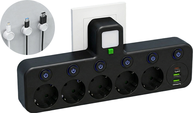 FusionPlug - Smart Energy Station – Black / 5 power outlets + 2 USB ports + 1 Type-C port / Power outlet + desktop cable organizer
