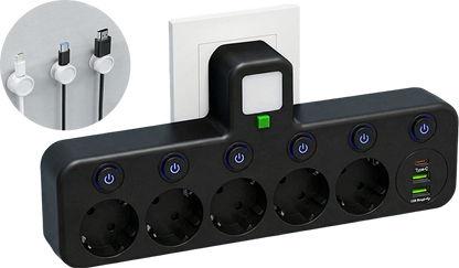 FusionPlug - Smart Energy Station – Black / 5 power outlets + 2 USB ports + 1 Type-C port / Power outlet + desktop cable organizer