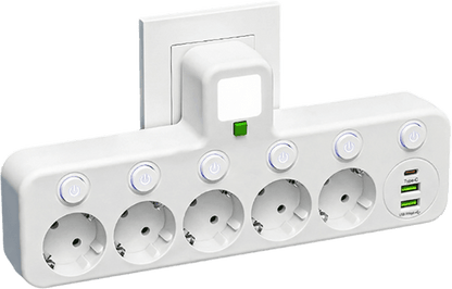 FusionPlug - Smart Energy Station – White / 5 power outlets + 2 USB ports + 1 Type-C port / Power outlet (without desktop cable organizer)
