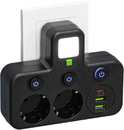 FusionPlug - Smart Energy Station – Black / 2 power outlets + 2 USB ports + 1 Type-C port / Power outlet (without desktop cable organizer)