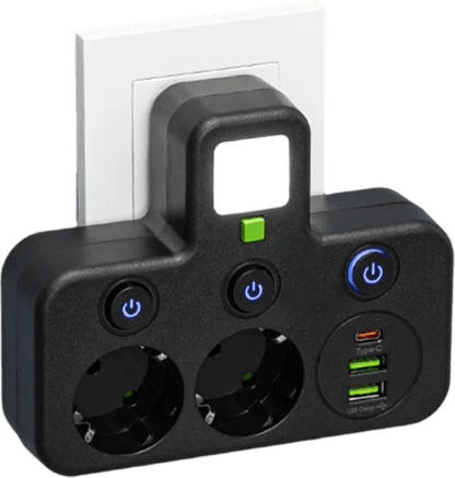 FusionPlug - Smart Energy Station – Black / 2 power outlets + 2 USB ports + 1 Type-C port / Power outlet (without desktop cable organizer)