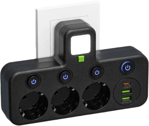 FusionPlug - Smart Energy Station – Black / 3 power outlets + 2 USB ports + 1 Type-C port / Power outlet (without desktop cable organizer)