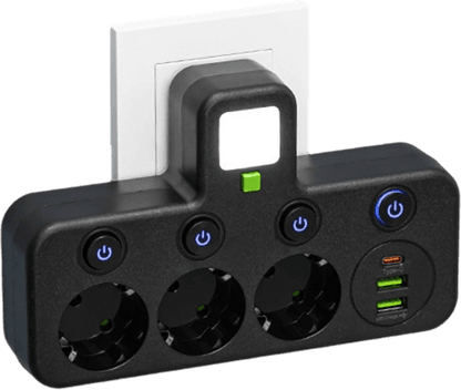 FusionPlug - Smart Energy Station – Black / 3 power outlets + 2 USB ports + 1 Type-C port / Power outlet (without desktop cable organizer)